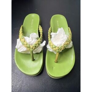 Michelle D Green Leather Braided Wedge Thong Sandals Womens 8